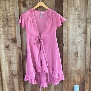 Francesca’s Collection Alya Linen-blend Pinstriped V-neck Wrap Tie Ruffle Dress